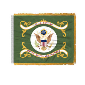 Army Retired Ceremonial Car Antenna Flag with Gold Fringe - 4x6 inch - Single Sided Printed Wrap Knitted Polyester - Double Stitched Edges - US Military Retd Army Car Flag for Moving Vehicles.