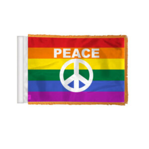 Rainbow Peace Sign Antenna Aerial Flag For Cars with Gold Fringe 4×6 inch