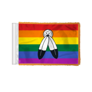Two-Spirit Rainbow Antenna Aerial Flag For Cars with Gold Fringe 4×6 inch